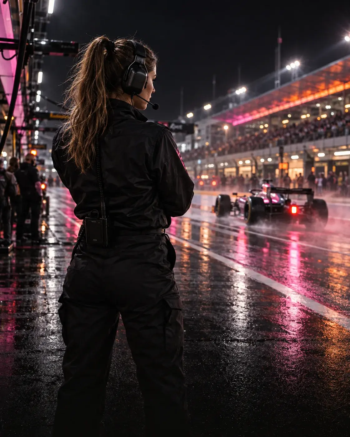 A woman race engineer watches a car leave the pit lane at night